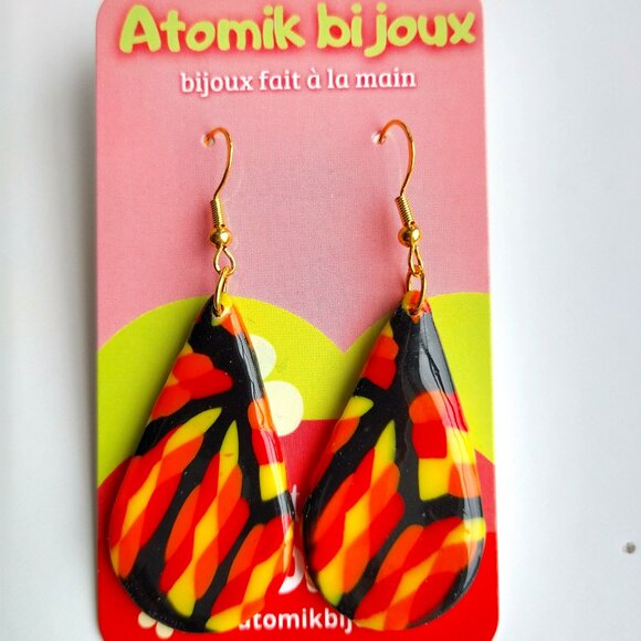 Handmade black, yellow, red and orange polymer clay earrings. Boucles d'oreilles - Picture 1 of 6